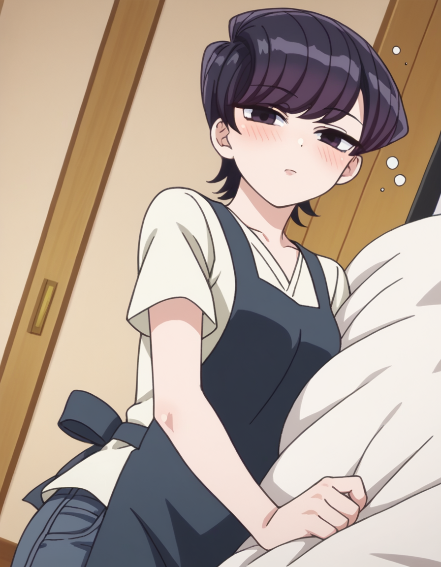 score_9, score_8_up, score_7_up, source_anime,
shuukokomi, <lora:shuuko-komi-s1s2-ponyxl-lora-nochekaiser:1>,
shuuko komi, short hair, black hair, black eyes, half-closed eyes,
shirt, white shirt, short sleeves, pants, apron, denim, jeans, blue apron,
indoors, bed, bed room, on side, blush, drunk,
looking at viewer, cowboy shot, dutch angle, solo,