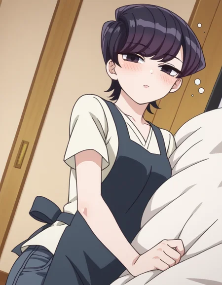 score_9, score_8_up, score_7_up, source_anime,
shuukokomi, <lora:shuuko-komi-s1s2-ponyxl-lora-nochekaiser:1>,
shuuko komi, short hair, black hair, black eyes, half-closed eyes,
shirt, white shirt, short sleeves, pants, apron, denim, jeans, blue apron,
indoors, bed, bed room, on side, blush, drunk,
looking at viewer, cowboy shot, dutch angle, solo,
