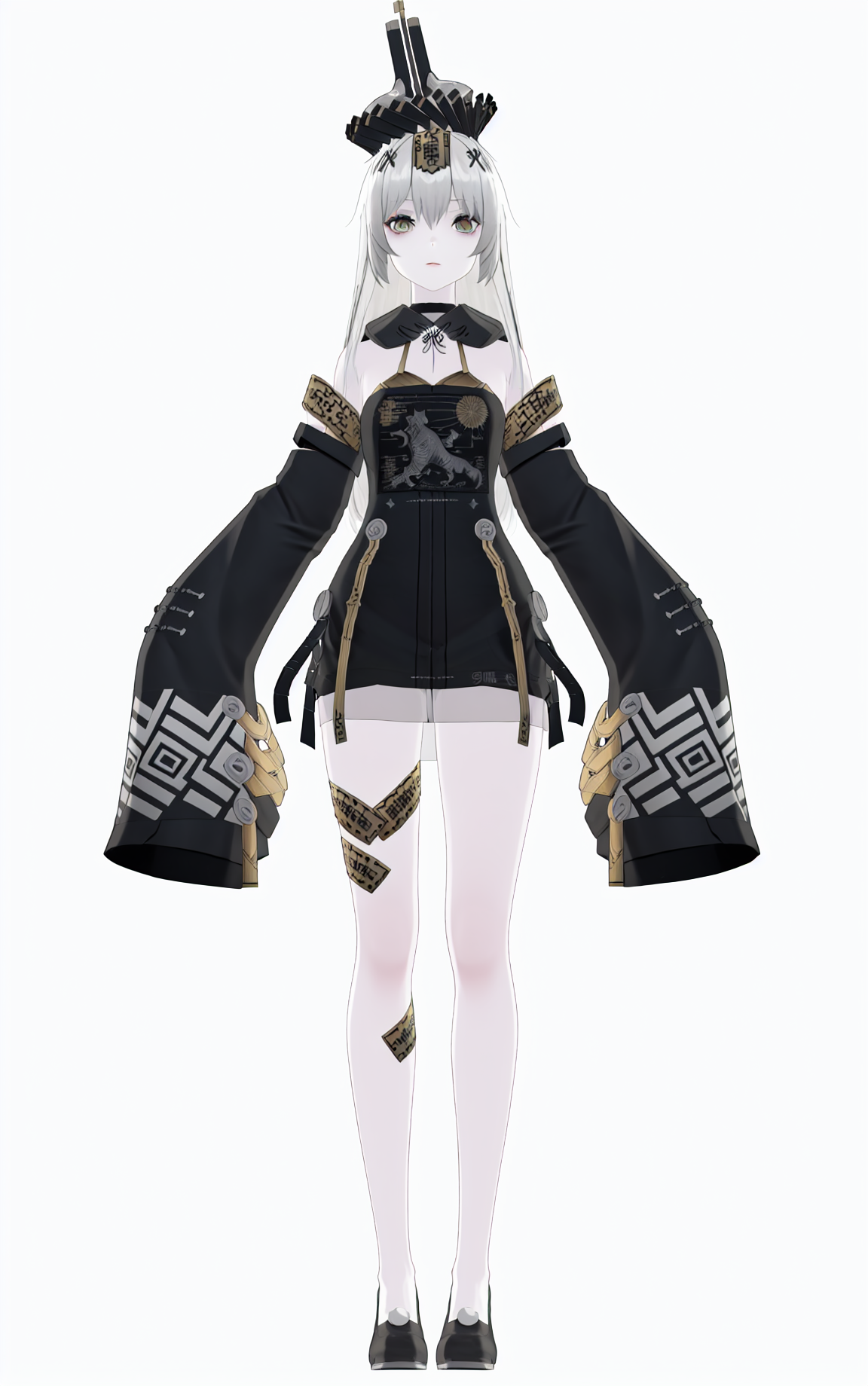 8k, best quality, masterpiece, (ultra-detailed), (high detailed skin), (by nanoless, by misumi \(macaroni\),:0.5), 
A full-body portrait of a young girl, standing gracefully, pastel art style, high-key lighting, shoujo manga influence, hd quality, delicate details, 
full body, full shot, standing, looking at viewer, (solo:1.2), simple background, white background, 
<lora:21XXI-sd-Tanger-000019:0.8>, 
21XXI, 2nd clothes, strange hat, black chinese clothes, 1girl, long hair, detached sleeves, dress, black footwear, pale skin, white hair, sleeves past wrists,