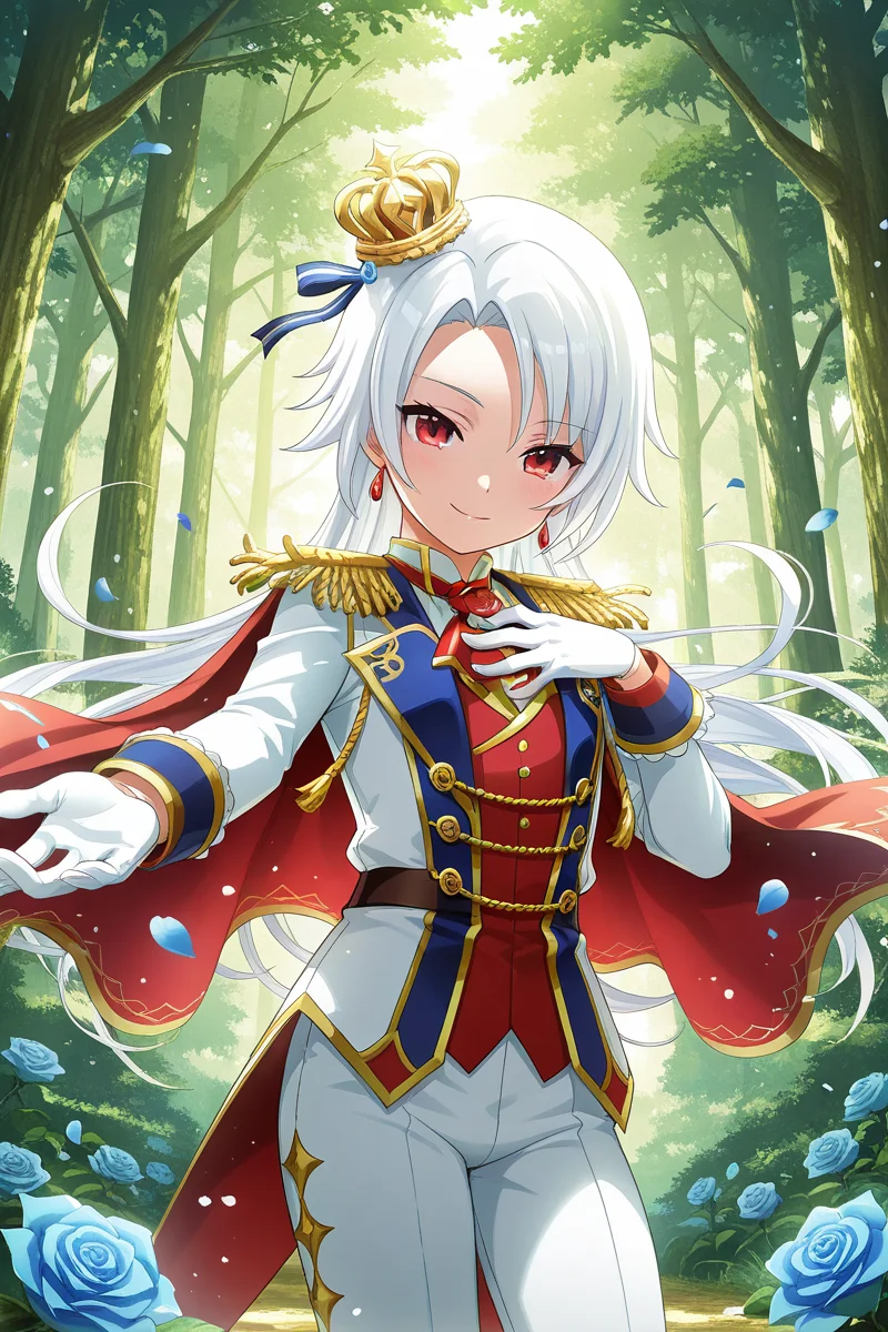 masterpiece, best quality, amazing quality,
<lora:Shiro_IL:1> shiro, crown, flower, tree, gloves, solo, red eyes, petals, epaulettes, looking at viewer, cape, blue flower, white gloves, rose, mini crown, smile, blue rose, androgynous, forest, nature, pants, hand on own chest, white hair, 1girl, red cape, princesk