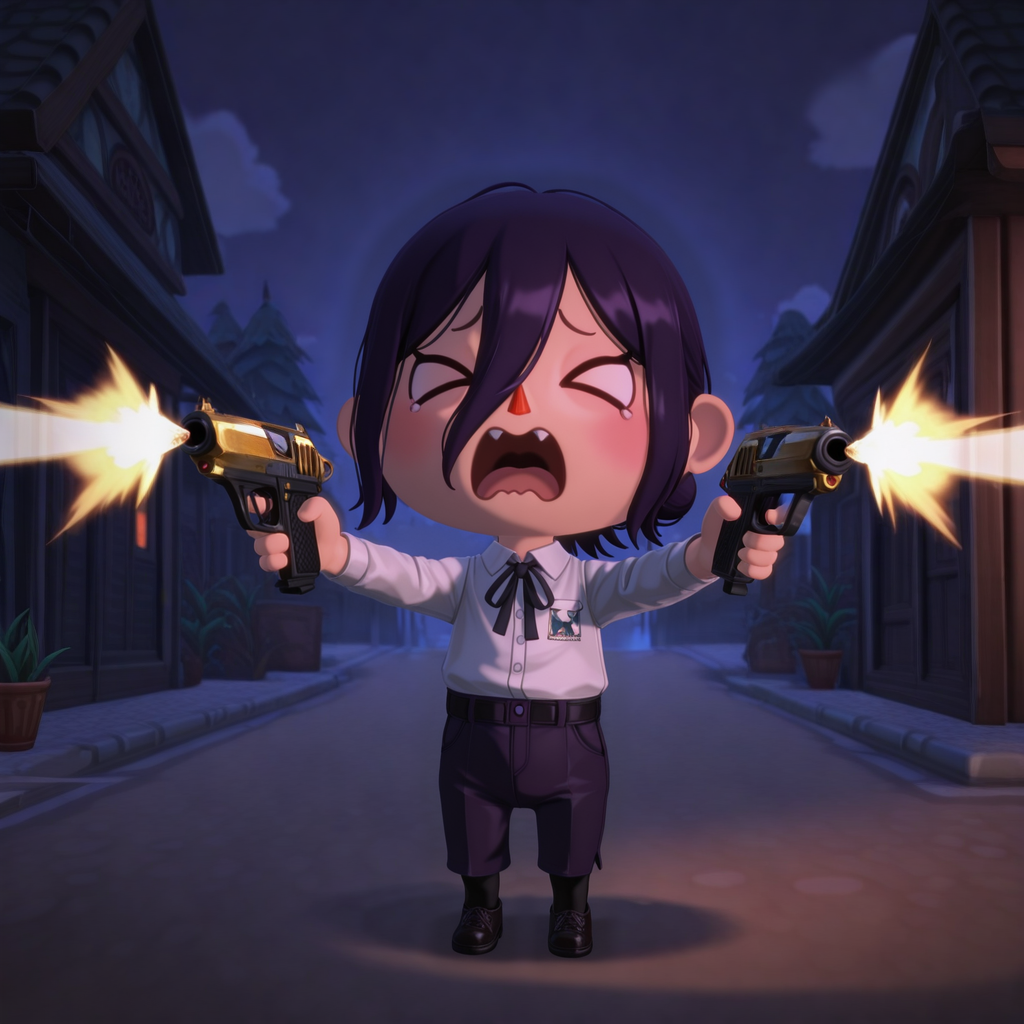 embedding:IllusP0s, animal crossing style, 3d, JBPis, firing gun, 1girl, dual wielding, akimbo, shooting pose, > <, mouth open, wavy mouth, screaming, reze_\(chainsaw_man\), scared, outdoors, night, solo,<lora:IL_Walther_PPK-000013.safetensors:1.0:1.0> <lora:animal crossing style_3d_ill.safetensors:1:1>