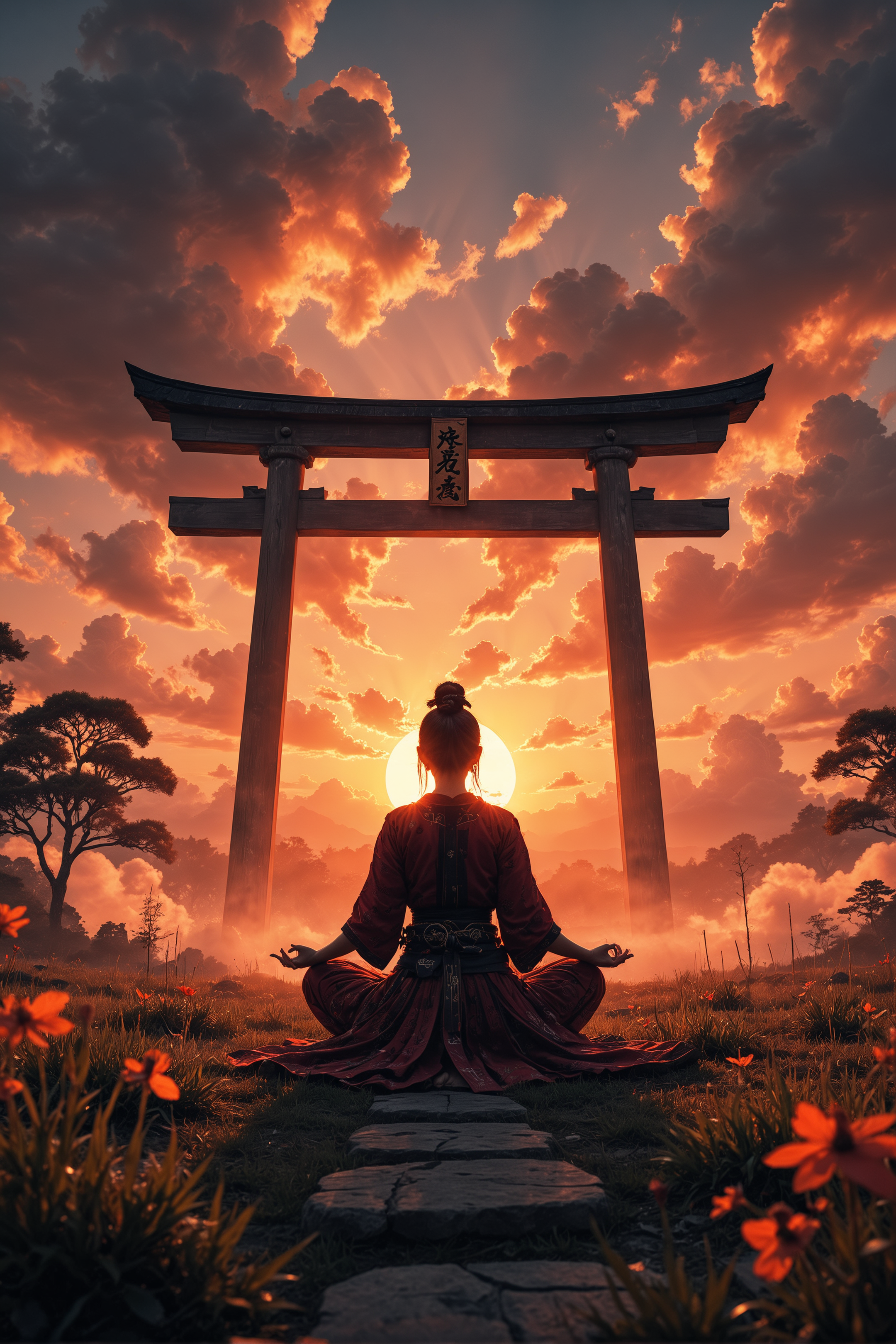 .A wide-angle shot of a female Samurai meditating in a temple garden in an open field at dawn with traditional clan symbols and dramatic shadows from a sunset