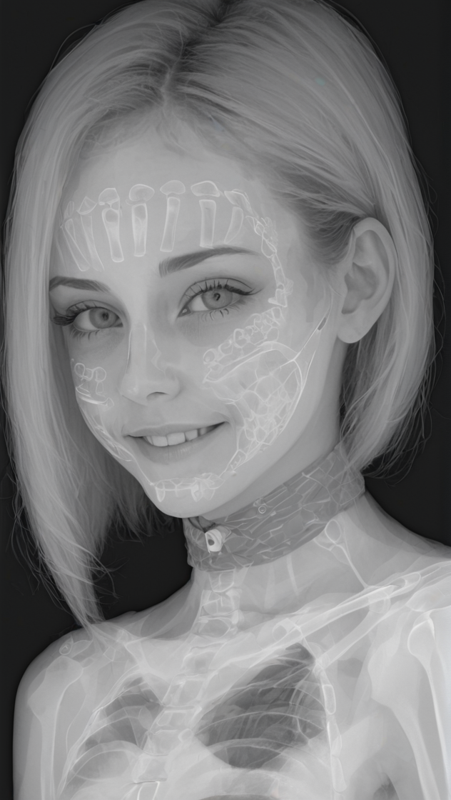 x-ray, xray, greyscale, vaporwave neon theme, photograph of a cute girl, byCharles Schridde, yamer_xray, monochrome, simple background, 1other, border, out of frame, black background, fingernails, 1girl, (ivory, Terragen but extremely beautiful:1.2), Futuristic style, sleek, modern, ultramodern, high tech, detailed, photography, detailed skin, insane smile, looking at viewer, colorful, high contrast, bandana, green eyes, <lora:Yamer_X-RAY-000001:1>