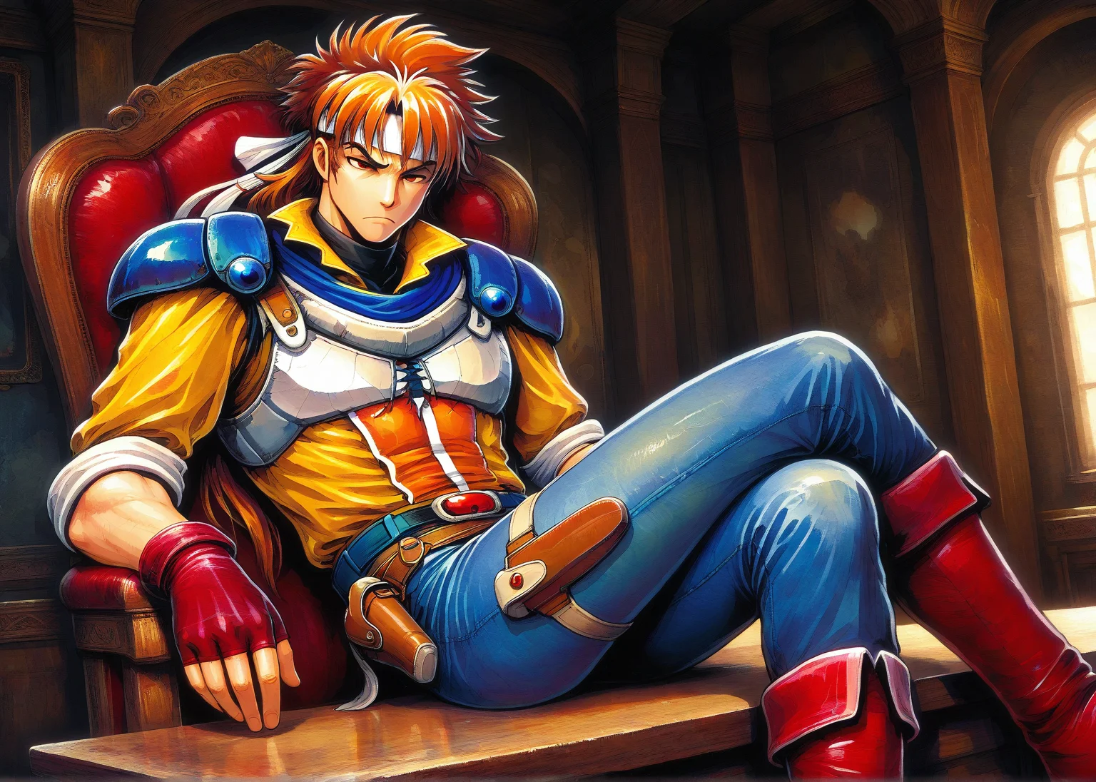 masterpiece, best quality, amazing quality, rdf02, ARTHIL, 1boy, male focus, toned male, mature eyes, brown-orange hair, long white headband, blue shoulder pads, white breastplate, yellow shirt, sleeves rolled up, blue jeans, holster belt, red fingerless gloves, red boots, indoors, sitting, chair, hands behind head, light frown, furrowed eyebrows, crossed legs, legs on table
