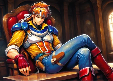 masterpiece, best quality, amazing quality, rdf02, ARTHIL, 1boy, male focus, toned male, mature eyes, brown-orange hair, long white headband, blue shoulder pads, white breastplate, yellow shirt, sleeves rolled up, blue jeans, holster belt, red fingerless gloves, red boots, indoors, sitting, chair, hands behind head, light frown, furrowed eyebrows, crossed legs, legs on table
