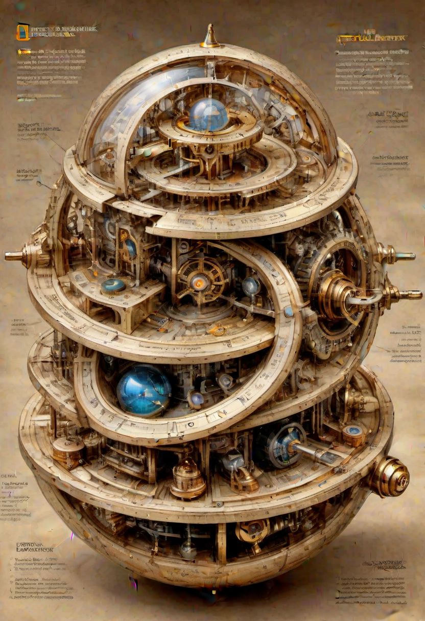 national geographic, best quality, masterpiece, award winning photo, fantasy landscape, extremely detailed, HDR, a photorealistic exploded view of a clockwork steampunk astrolabe armilar sphere, labeled parts, technical details, cross-section view, characteristic astronomy, focus, contrast, brightness, realistic style, scientific accuracy, clear and concise