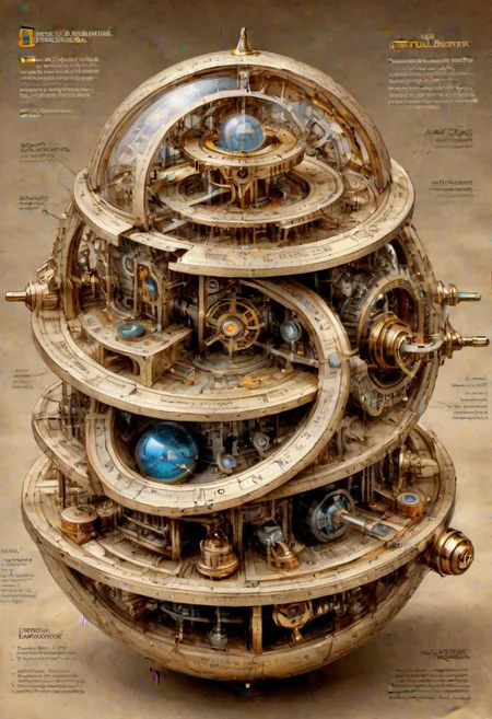 national geographic, best quality, masterpiece, award winning photo, fantasy landscape, extremely detailed, HDR, a photorealistic exploded view of a clockwork steampunk astrolabe armilar sphere, labeled parts, technical details, cross-section view, characteristic astronomy, focus, contrast, brightness, realistic style, scientific accuracy, clear and concise