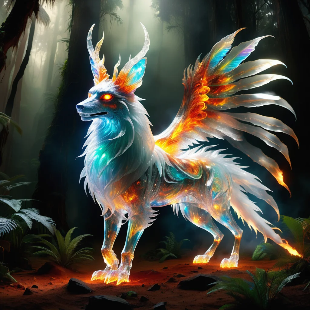 hyper detailed masterpiece, dynamic, awesome quality,DonMSp3ctr4lXL,transluscent wolpertinger, supernatural being, middle eastern folklore, humanoid created from smokeless fire, fantasy, cascading,sandstorms,disintegrating,abyssal,rainforest <lora:DonMSp3ctr4lXL:1>
