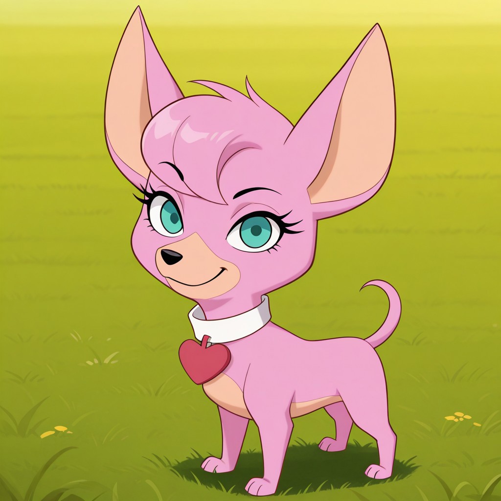 score_9, score_8_up, score_8, score_7, source_cartoon, Mammoth_M, solo, 1girl, feral, dog, chihuahua, pink fur, tan muzzle, tan belly, aqua eyes, eyelashes, large ears, dog tail, black nose, white collar, heart dog tag, full body, looking at viewer, smile, standing, grass field setting,