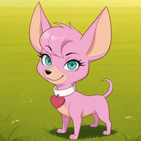 score_9, score_8_up, score_8, score_7, source_cartoon, Mammoth_M, solo, 1girl, feral, dog, chihuahua, pink fur, tan muzzle, tan belly, aqua eyes, eyelashes, large ears, dog tail, black nose, white collar, heart dog tag, full body, looking at viewer, smile, standing, grass field setting,