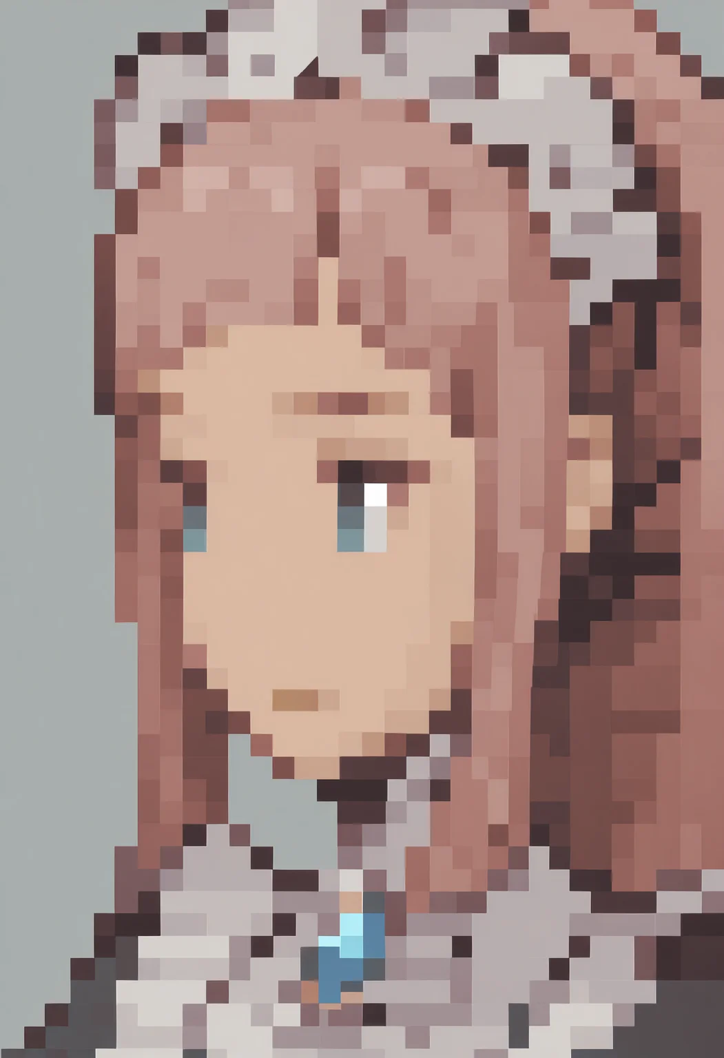 masterpiece, best quality, solo, 1girl, looking at viewer, <lora:FFT-Portraits-illus_Fp:1>, pixel art, portrait, simple background, pixelated, <lora:felicia-fe-richy-v1_ixl:1>, f1cdf, blue eyes, pink hair, long hair, ponytail, sidelocks, blunt bangs, maid headdress, black feathered collar, blue brooch, maid,