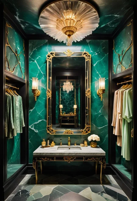 a cabaret singer's smoky dressing room within a crystal cavern; the cavern wall is a granite blend of obsidian, quartz, and jade. (The room is illuminated by a pair frosted-jade or soapstone sconces, inset into the wall on either side of a vanity mirror). Several beautiful and varied ao dai dresses hang from a clothing rack next to an ornate armoire. the neo-noir ambience combines a sense of intrigue with opulence.