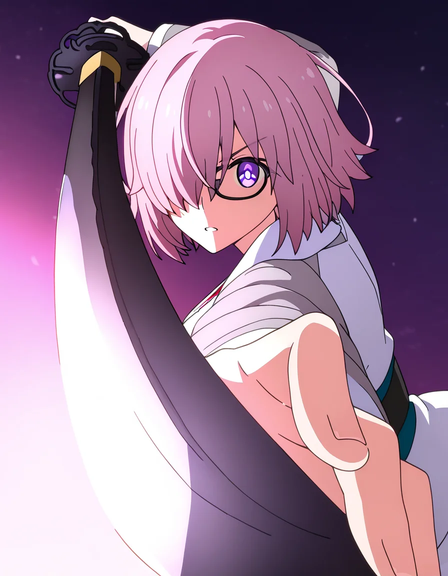 masterpiece, best quality, newest, absurdres, highres, safe,, <lora:mash-kyrielight-babylonia-s1-ponyxl-lora-nochekaiser:1>, mash kyrielight, short hair, purple eyes, pink hair, hair over one eye, glasses, medium breasts, anime screencap, <lora:gatotsu-stance-illustriousxl-lora-nochekaiser:1>, gatotsu stance, weapon, sword, katana, holding weapon, holding, holding sword, foreshortening, japanese clothes, kimono, looking at viewer,, ,