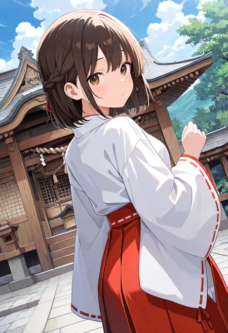 masterpiece, best quality, absurdres, very aesthetic, general,
1girl, braid, miko, back, looking at viewer, shrine, dutch angle, brown hair, short hair, brown eyes, cloudy sky, blue sky,