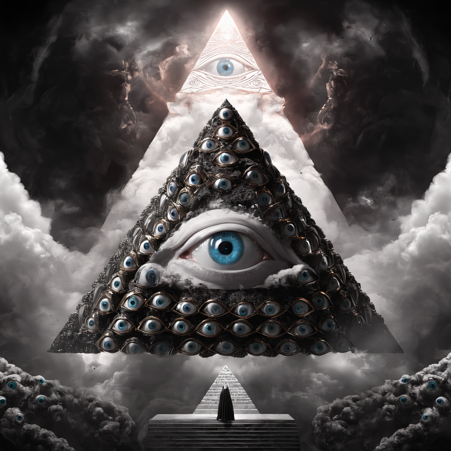 seraphins, a mystical creature with hundreds of eyes and wings with the shape of a pyramid, surrounded by 2 layers of rings full of eyes, eerie, horror, background angelic clouds, sunlight <lora:Seraphins1.0-000038:0.8>