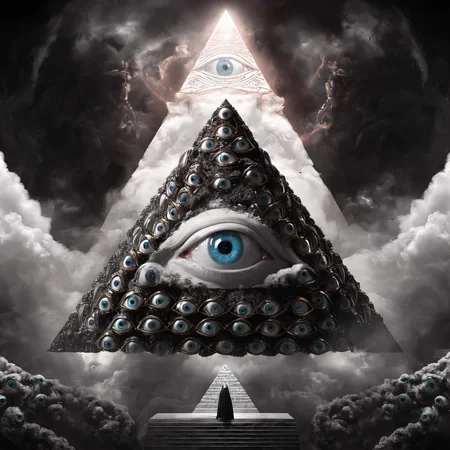 seraphins, a mystical creature with hundreds of eyes and wings with the shape of a pyramid, surrounded by 2 layers of rings full of eyes, eerie, horror, background angelic clouds, sunlight <lora:Seraphins1.0-000038:0.8>