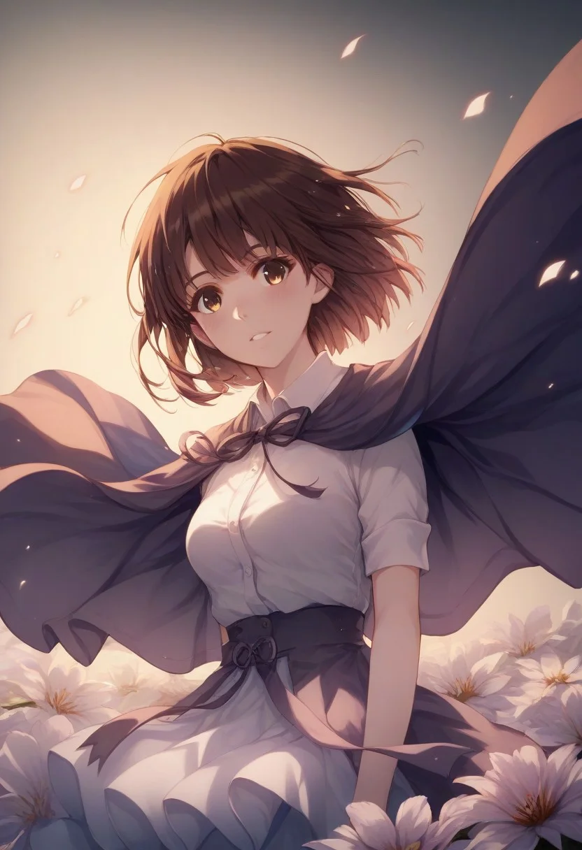 score_9, score_8_up, score_8, score_7_up, score_7,black background,
1girl, katou megumi, Megumi <lora:KatoMegumi:1>,brown hair,katou megumi,brown eyes, short hair , medium breasts, violet Hanbok top , long flowing violet silk Hanbok skirt, hair blowing in the wind, skirt blowing in the wind, flowers in the background, whispy clouds, golden hour time, cinematic lighting,