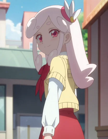 score_9, score_8_up, score_7_up, anime screencap, solo,1girl,kaguyahp, red skirt, yellow sweater,white sleeves,hair ornament, bow, school uniform,looking at viewer,cowboy shot,small breasts,smile,blush,from behind<lora:kaguyahp_pony:0.8>