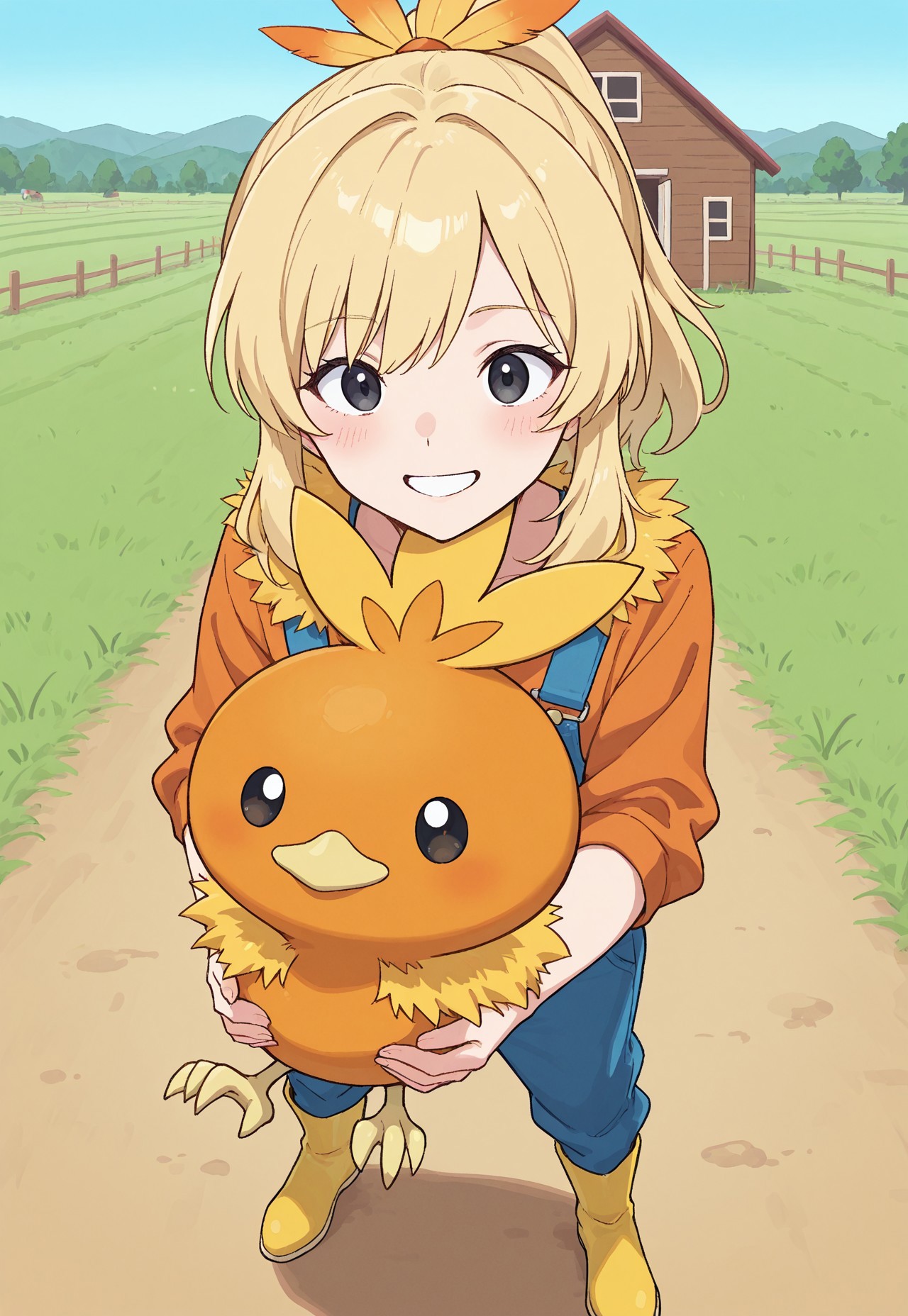 masterpiece, best quality, amazing quality, very aesthetic, absurdres, ((1man with 1other:1,)) BREAK
(PKMN_Torchic, gijinka, human:1.6, 1man, blonde hair, medium hair, ponytail, feather hair ornament, black eyes, stubble, blue overalls, orange shirt, yellow boots, holding pokemon). BREAK
(PKMN_Torchic, 1other, black eyes,orange feathers, yellow feather collar, yellow feather hair,)
happy, dynamic pose, perspective, outdoors, plants, blue sky, farm, chicken coop, 
