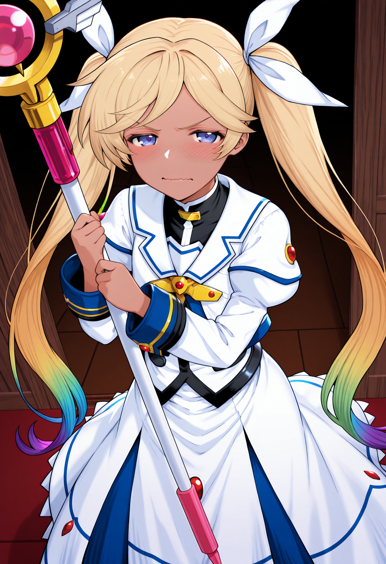 highres, best quality, masterpiece, indoors,
1girl, solo, io \(granblue fantasy\), twintails, rainbow hair, very long hair, blonde hair, gradient hair, dark-skinned female, 
takamachi nanoha \(cosplay\), takamachi_nanoha_(sacred_mode),
looking at viewer, blush, angry, wavy mouth, half-closed eyes, 
standing, holding staff,
 <lora:_onib-sty-elesico-ilxl-40:1>