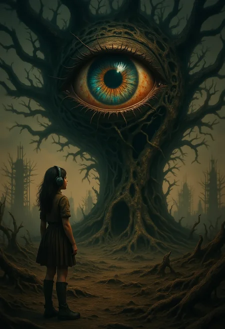 , Intricate and atmospheric image of a girl with headphones standing in a post- apocalyptic landscape with a giant eye embedded in a tree, with intricate textures and vibrant colors. The scene should include a rich variety of elements, each contributing to the overall atmosphere. Lighting should be soft, diffused, and natural, enhancing the depth and realism of the scene. The mood is to be calm yet vibrant, creating a sense of serenity and wonder. Every detail in the scene should be meticulously rendered, emphasizing the contrast between light and shadow, and capturing the fine textures and subtle gradients. The color palette should be carefully chosen to evoke emotion, with each hue enhancing the aesthetic appeal of the overall composition. The final image should be immersive and captivating, drawing the viewer into its intricately detailed world.