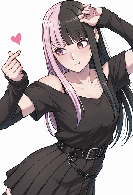Smooth Quality,masterpiece,very intricate, high quality details, ultra realistic, high detailed skin,detailed enviorement,absurdres,
simple background, white background, dancing,skindentation, solo,dynamic angle,finger heart,
 <lora:DangerousBitch_Femboy_CNR:0.8> dangerousfemb_cnr, 1girl,pink hair,split-color hair, black hair,  long hair, blunt bangs, pink eyes, off-shoulder shirt, short sleeves, shirt tucked in,pleated skirt, belt, thighhighs, arm warmers,bra strap, horrified,, :t,