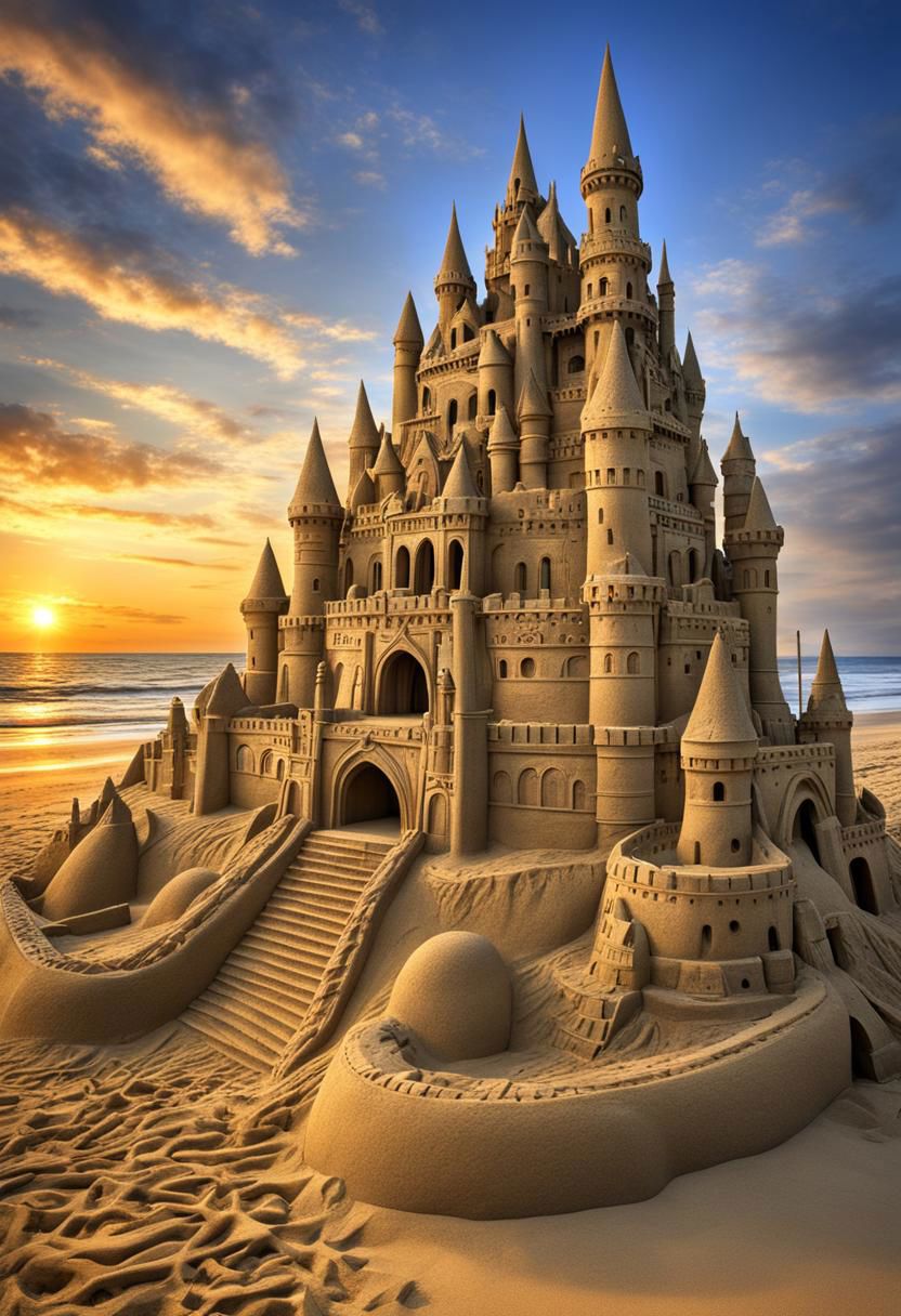 (masterpiece),
a unbelivable fortifeid sand castle, 
beach,
dim light, sunset,
ultra realistic, HDR, intricate details,