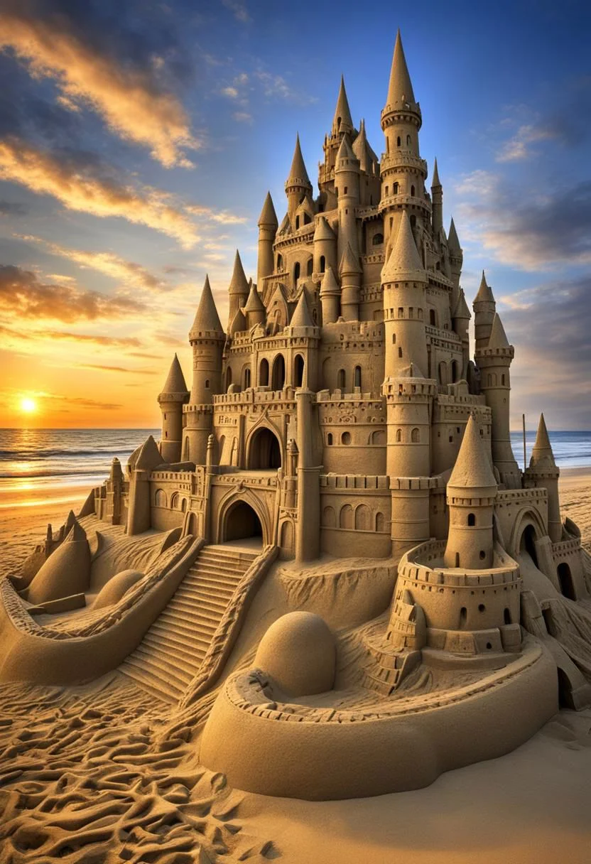 (masterpiece),
a unbelivable fortifeid sand castle,
beach,
dim light, sunset,
ultra realistic, HDR, intricate details,