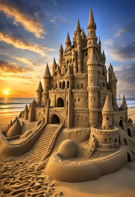 (masterpiece),
a unbelivable fortifeid sand castle,
beach,
dim light, sunset,
ultra realistic, HDR, intricate details,