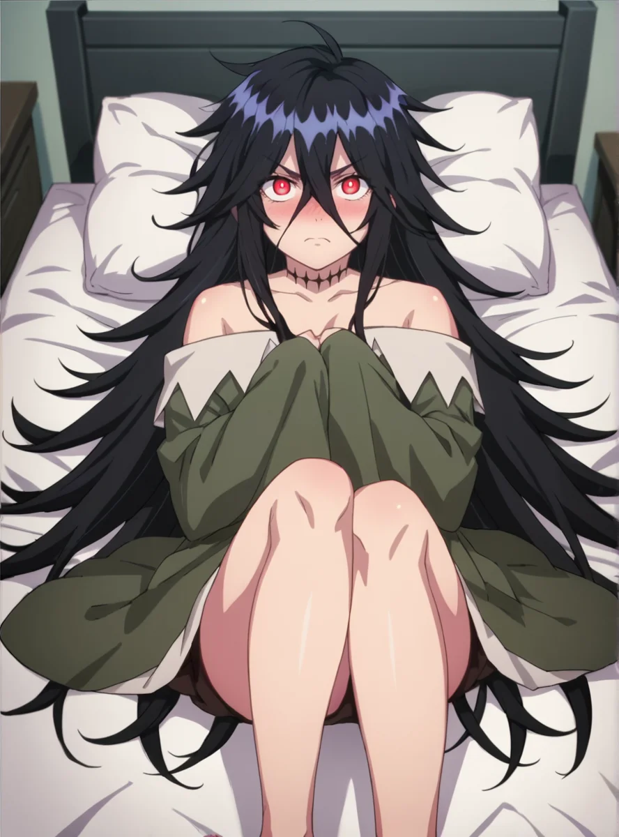 score_9, score_8_up, score_7_up, score_6_up, score_5_up, score_4_up , source_anime  anime screencap, <lora:SoldierXX:0.9>soldierxx, long hair, black hair, , 1girl, hair between eyes, red eyes, messy hair, collarbone, very long hair,indoors,  off shoulder, barefoot, looking at viewer, angry lying_on_bed, from a bove, nose blush,