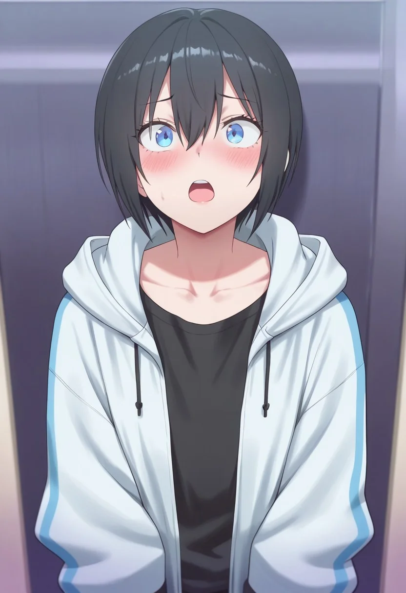 masterpiece,best quality,amazing quality, nonoa, black hair, blue eyes, short hair, solo, 1girl, hair between eyes, collarbone, hood, jacket, black shirt, blush, shirt, open mouth, hood down, hooded jacket, hoodie
