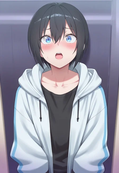 masterpiece,best quality,amazing quality, nonoa, black hair, blue eyes, short hair, solo, 1girl, hair between eyes, collarbone, hood, jacket, black shirt, blush, shirt, open mouth, hood down, hooded jacket, hoodie