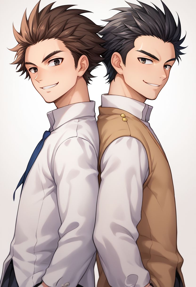 score_9, score_8_up, source_anime, highly detailed, 
multiple boys, 2boys, male focus, smile, black hair, black eyes, brown hair, smile, school uniform, gakuran, looking at viewer, spiked hair, back-to-back
outdoor,