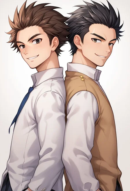 score_9, score_8_up, source_anime, highly detailed,
multiple boys, 2boys, male focus, smile, black hair, black eyes, brown hair, smile, school uniform, gakuran, looking at viewer, spiked hair, back-to-back
outdoor,