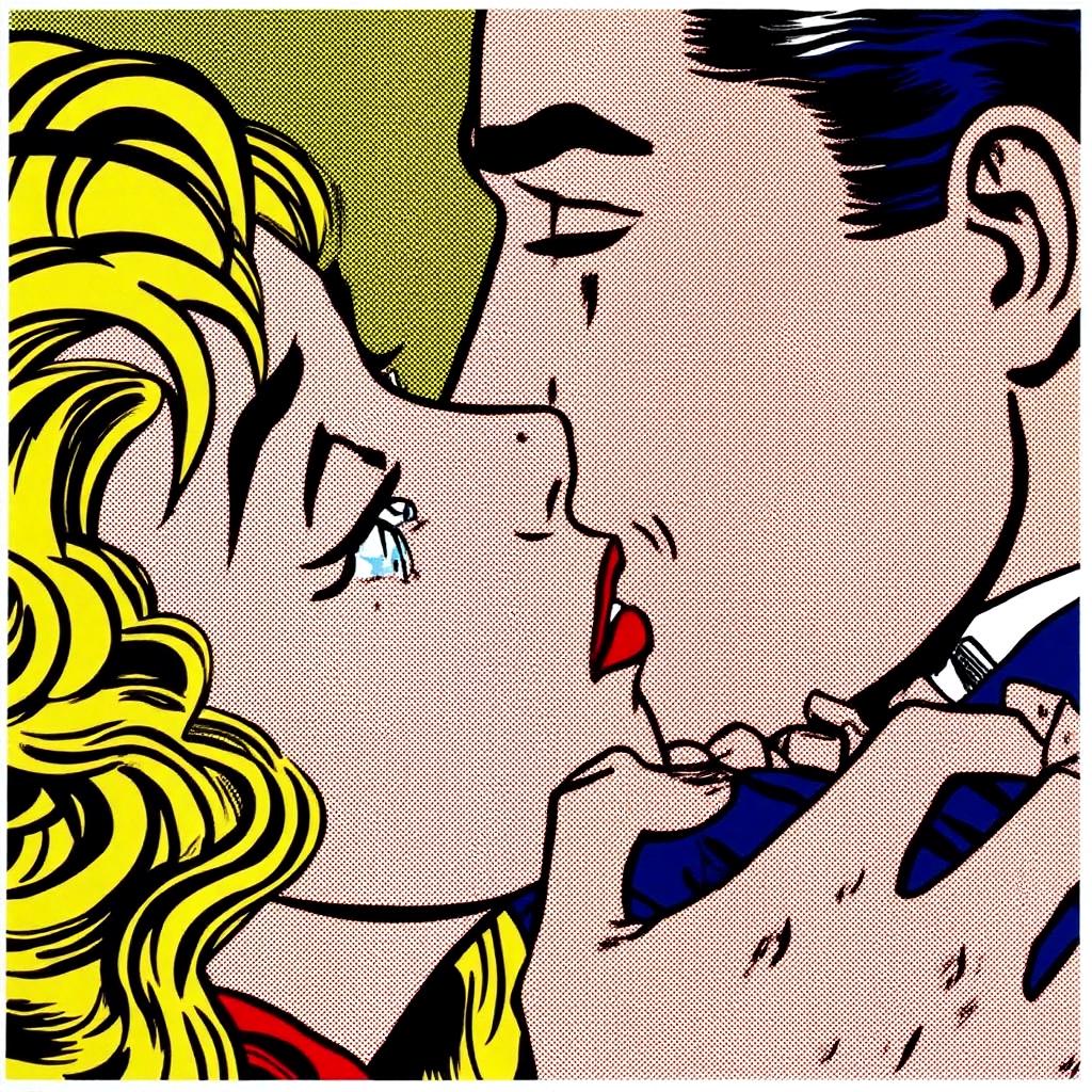 lichtenstein1 illustration.
A close-up of a man and woman engaged in a passionate kiss with eyes closed.  The blonde woman on the left has tears coming out of her closed eyes, her hand holding the man's shoulder tightly.
 <lora:lichtenstein1_cap_d6a3e8:1.0><lora:835917167137451853:0>