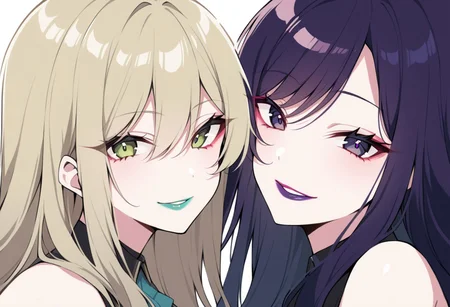 anime, two girls, adult, close up, lipstick, colorful lipstick, eye shadow, nail polish, lip gloss, long hair, sexy smile