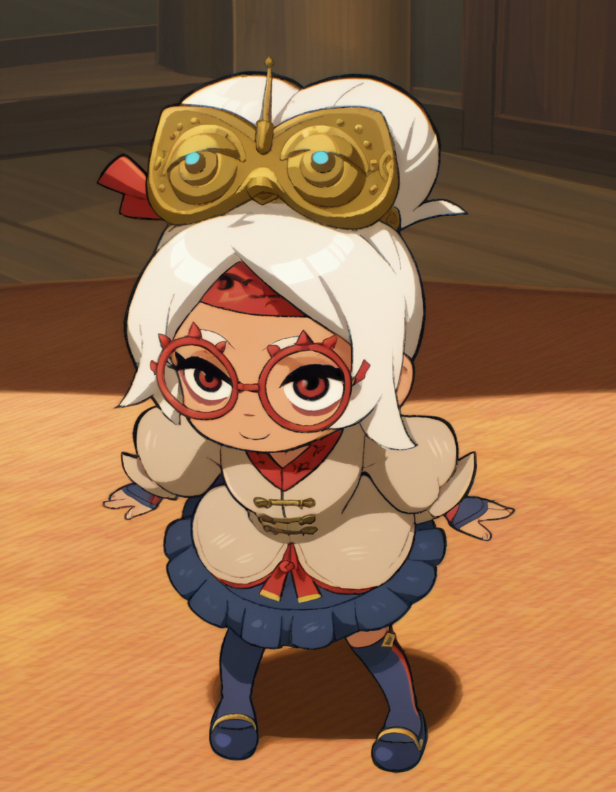 zPDXL, score_9, score_8_up, score_7_up, source_anime, 1girl, solo,
 <lora:LilPurah_v1.2:0.8> purah, sheikah, white hair, dark-skinned female, child, thick eyebrows, red eyes, red-framed eyewear, hair bun, goggles on head, beige jacket, blue skirt, frilled skirt, blue socks, kneehighs, blue footwear, mary janes, red headband, fingerless gloves, blue gloves, petticoat, light smile, <lora:ScottP-v2-3:0.8> scttp