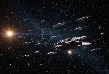 Masterpiece. High quality. Perfect quality. Full body picture of:
Human space fleet traveling through deep space to the sun. Civilian and military ships.
Nebulas and stars behind.
Battlestar galactica style.
realisticvision-negative-embedding, Movie Still, Film Still, Cinematic, Cinematic Shot, Cinematic Lighting, JuggernautNegative, detailxl.
