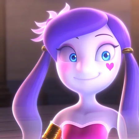 gold bracelets around arms, legsless, blue  eyes, pink dress, purple hair, bare shoulders, ghost girl, female  anthro, gold hair piece, heart  symbol  on  face, Lah