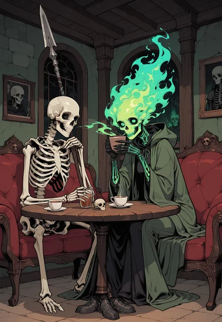 score_9, score_8_up, score_7_up, masterpiece, best quality, very aesthetic, 1woman, incoth, (incase:0.6), detailed face, (dynamic), lich, flaming head, skull, burning hair, blue and green fire, armor, robes, spear, skeleton, sitting at table, round table, drinking tea,  living room, solo, 