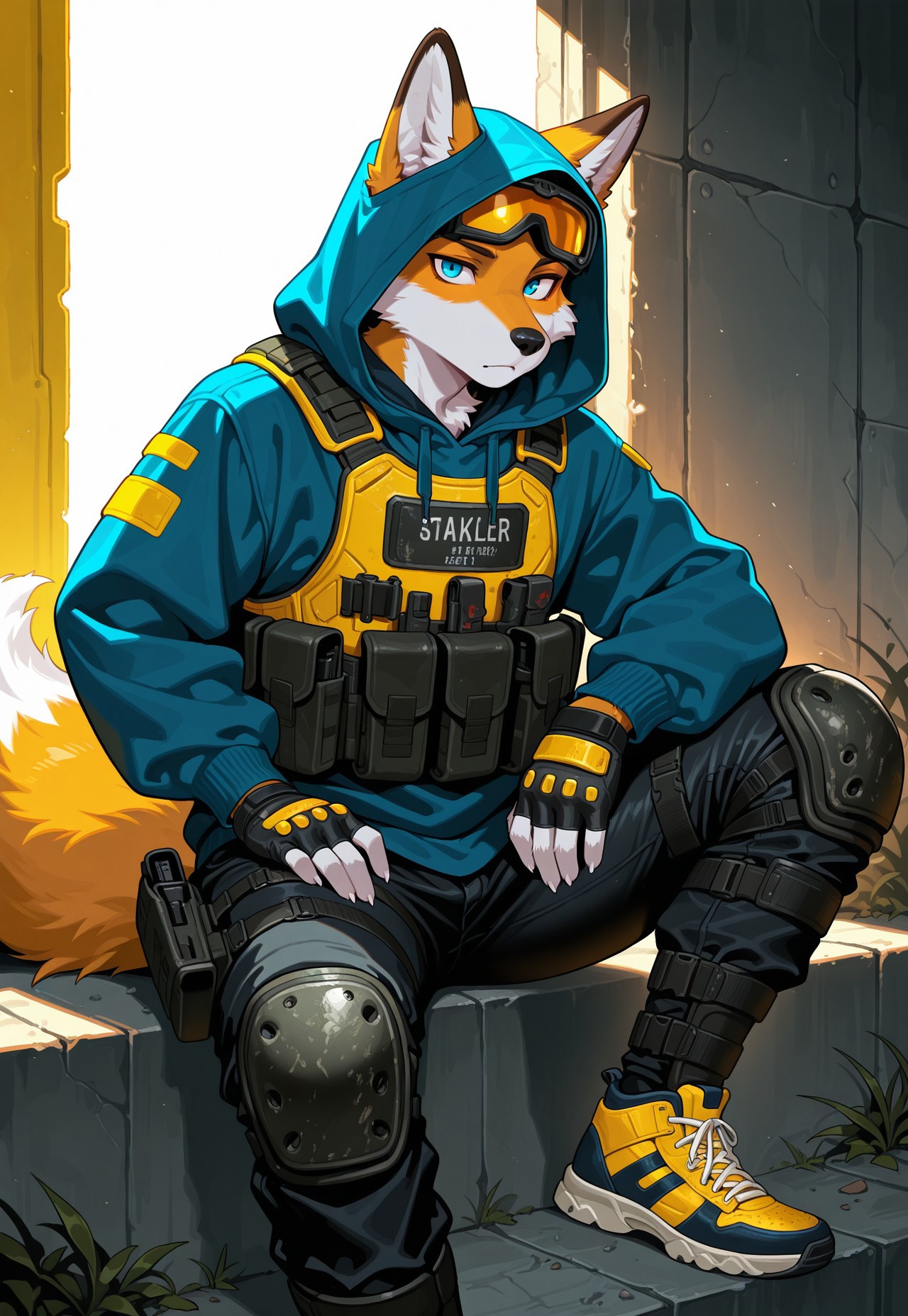 masterpiece,best quality, amazing quality,1boy, solo, fox, Furry fox, fluffy tail, 5 fingers,  Fox Blue eyes, black nose,  sneakers, black jeans, blue hoodie, tactical body armor, yellow ski goggles on eyes under hood, hood, fingerless gloves, knee pads and shin guards, stalker style.