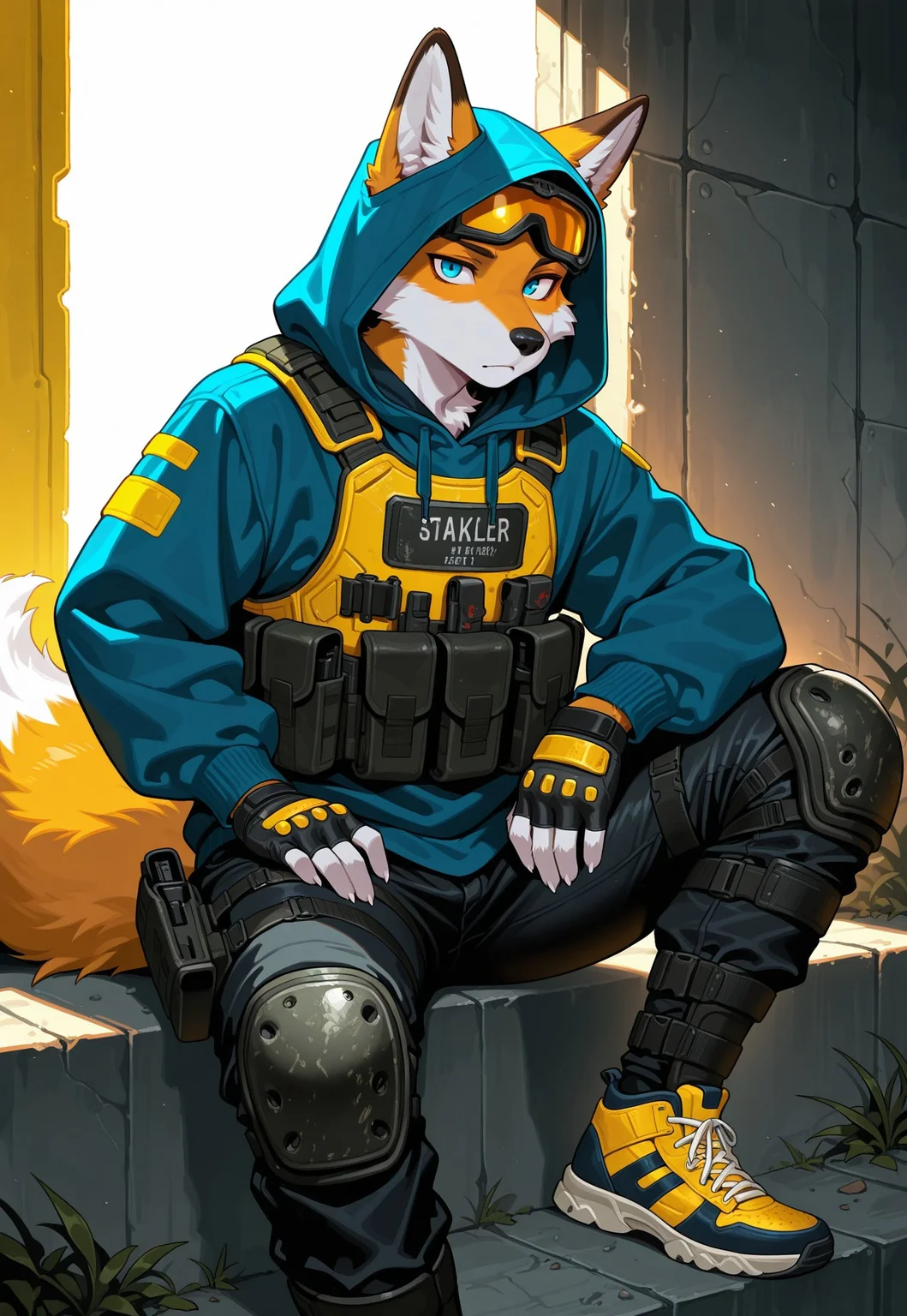 masterpiece,best quality, amazing quality,1boy, solo, fox, Furry fox, fluffy tail, 5 fingers, Fox Blue eyes, black nose, sneakers, black jeans, blue hoodie, tactical body armor, yellow ski goggles on eyes under hood, hood, fingerless gloves, knee pads and shin guards, stalker style.