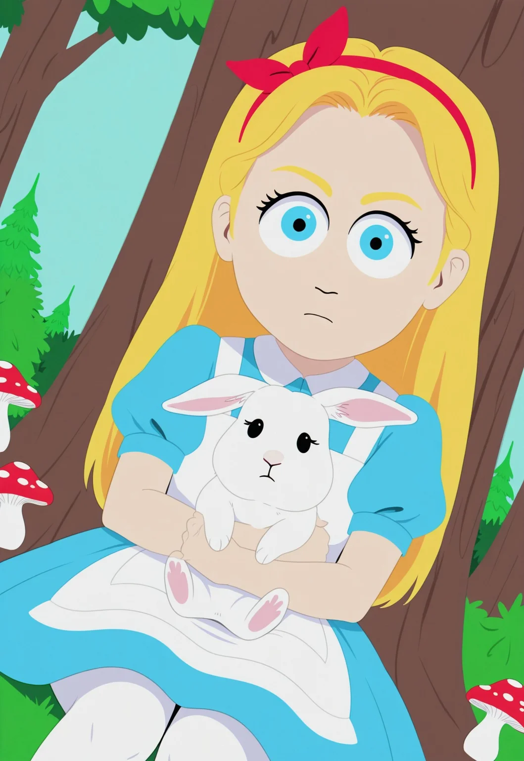 DisneyAlice, 1girl, blonde hair, blue eyes, long hair, hairband, looking at viewer,white apron, blue dress, puffy sleeves, white pantyhose, hairband,holding rabbit,white rabbit,mushrooms,tree,portrait,sitting,dutch angle,closeup,south_park,