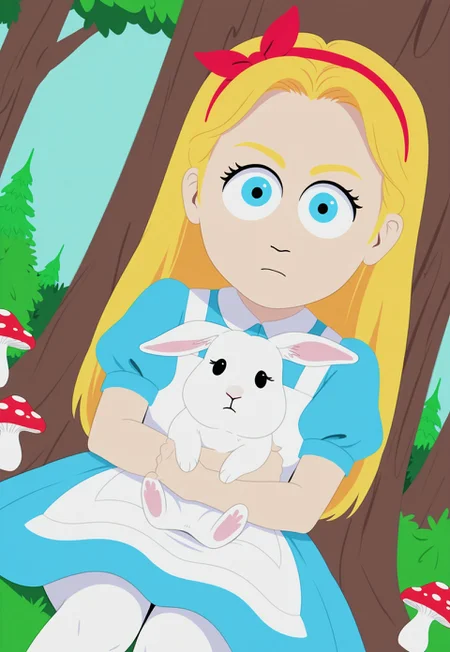 DisneyAlice, 1girl, blonde hair, blue eyes, long hair, hairband, looking at viewer,white apron, blue dress, puffy sleeves, white pantyhose, hairband,holding rabbit,white rabbit,mushrooms,tree,portrait,sitting,dutch angle,closeup,south_park,
