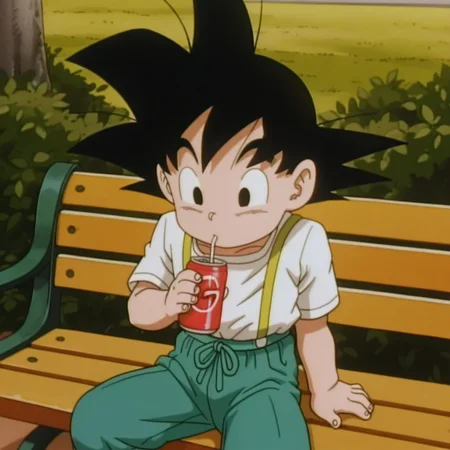 masterpiece, best quality, amazing quality, official artstyle, g0kujr, male, human, young, solo, black hair, spiked hair, black eyes, short, white shirt, short sleeves, yellow suspenders, blue pants, yellow shoes, sitting on bench, drinking soda can, outdoors, park,