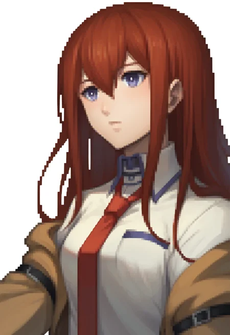 score_9, score_8_up, score_7_up, source_anime BREAK 1girl, solo,
<lora:zs_FEDSPortraitsXL:1> fedsportraits, portrait, white background
<lora:steinsgate_makise_ponyXL:1> makise kurisu, red hair, long hair, brown jacket, off shoulder, white shirt, red necktie,