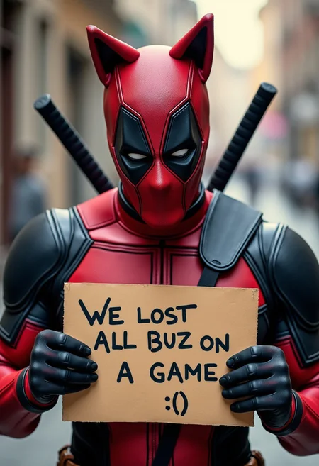 Deadpool with a red cat ears on the head. His mask express disappointment in the world. He holds a sign with "We lost all buzz on a game :("