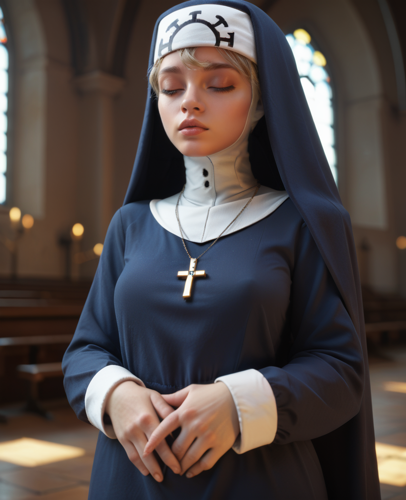 Double,closed eyes,
standing,hand on own chest,
blue habit,cross necklace,long sleeves,nun,
church,<lora:Double:0.8>,
Cinematic Lighting,, zPDXL2, <lora:more_details:1>