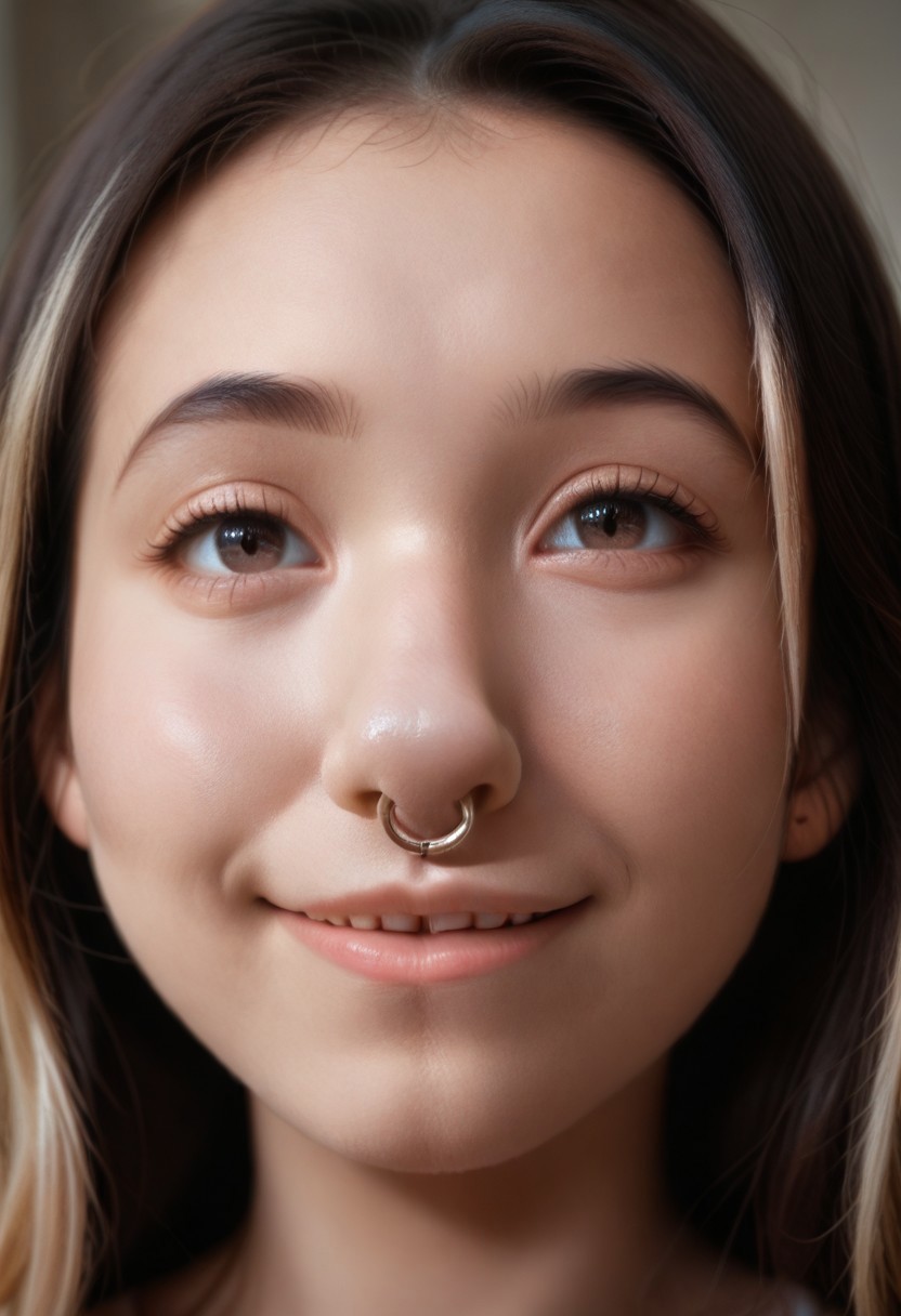(nosering in nose:1.2), (best quality:1.2), 1girl, portrait, perfect face, perfect eyes, closeup shot, asian, blond highlights, smile