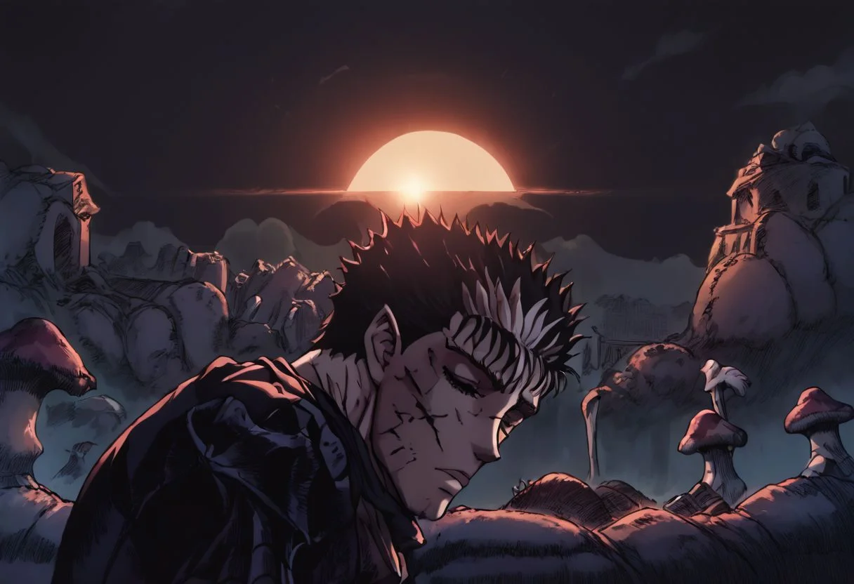 score_9, score_8_up, score_7_up, source_anime, anime screencap, pureerosface_v1 ,(zPDXL), uncensored, masterpiece, rating_explicit, b3rs3rkstyle, retro artstyle ,expressive eyes, perfect face, soft lighting, mood lighting, bloom, toned, low light ,lens flare, post processing, 8k, upscale, 1boy ,Guts_Armor, brown eyes, short hair, multicolored hair, spiked hair, tank top, bandaged arm, black pants, torn pants, scar on nose, one eye closed, muscular male, (roof setting), sitting on roof ledge, (sun set.), exhausted expression, depressed, blood dripping from side of head, injured, nuclear explosion in the background, mushroom cloud in background, destruction in background